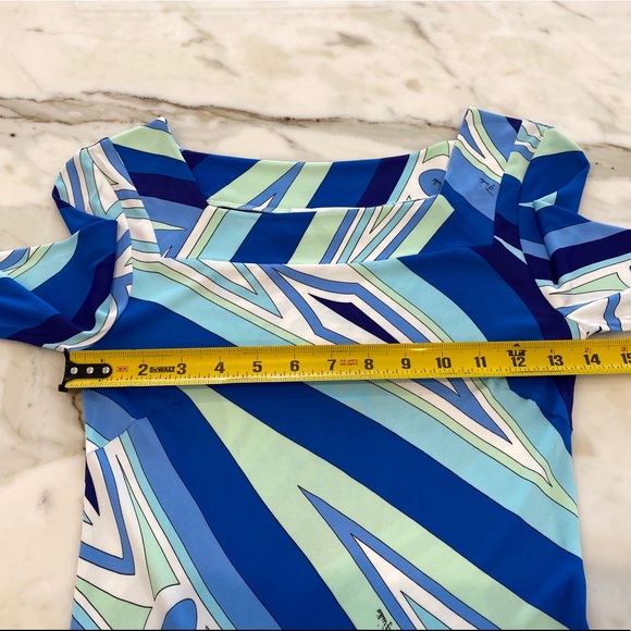 EMILIO PUCCI BLUE MULTI SQUARE NECK BELL SLEEVE DRESS SIZE IT 38 / US 4 - Picture 8 of 16
